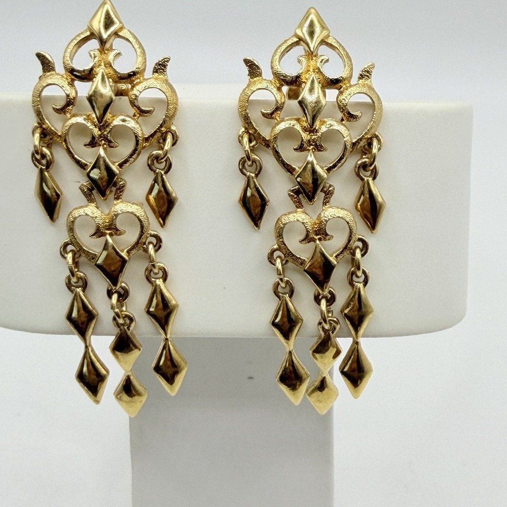 Vtg Monet Chandelier Dangle Drop Tassel Heart Scroll Shoulder Dust Earrings 2.5"